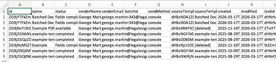 Example XLSX export output